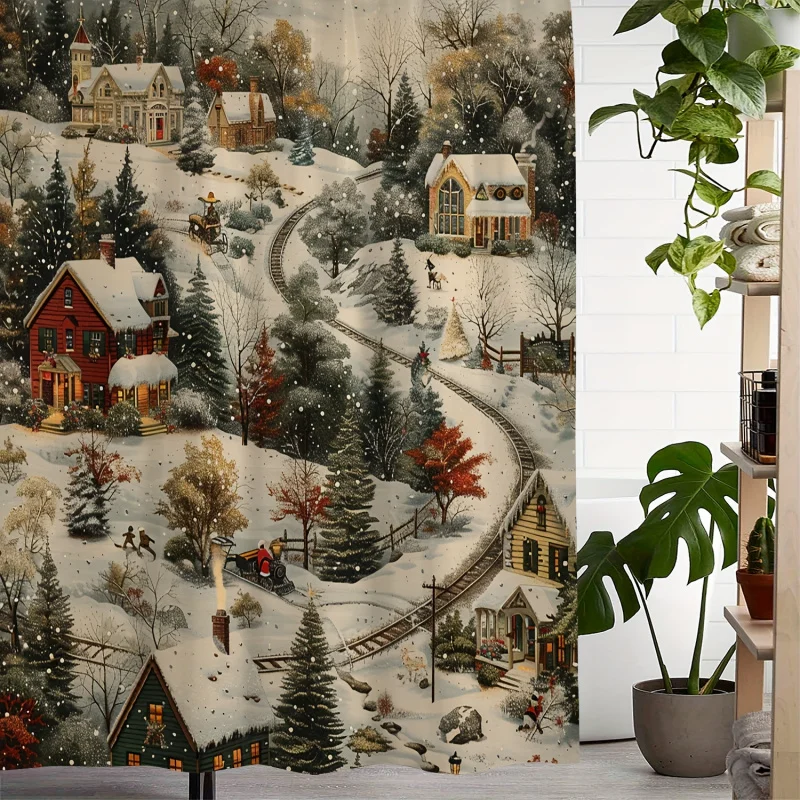 Water-Resistant Polyester Christmas Shower Curtain with Artistic Snowy Village Print, Machine Washable with 12 Hooks Included -