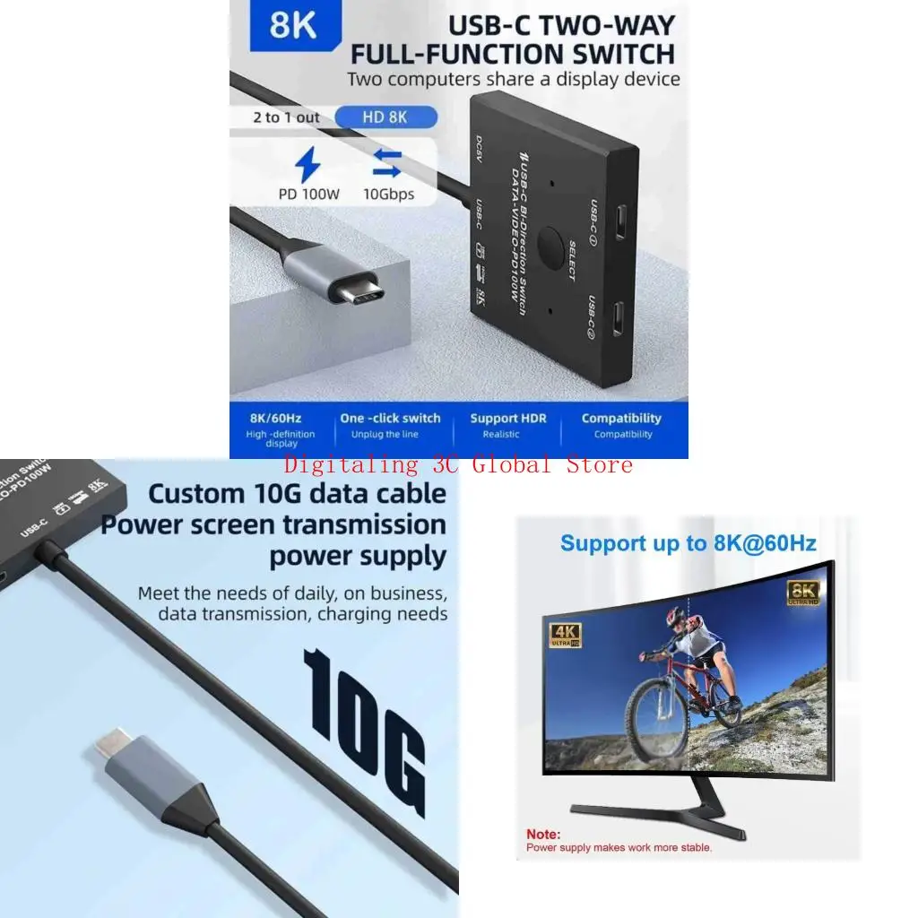 

USB C Switcher для двойных компьютеров с 8K -видео -дисплеем PD100W Зарядка, поддержка высокой скорости 10 Гбит / с передачи