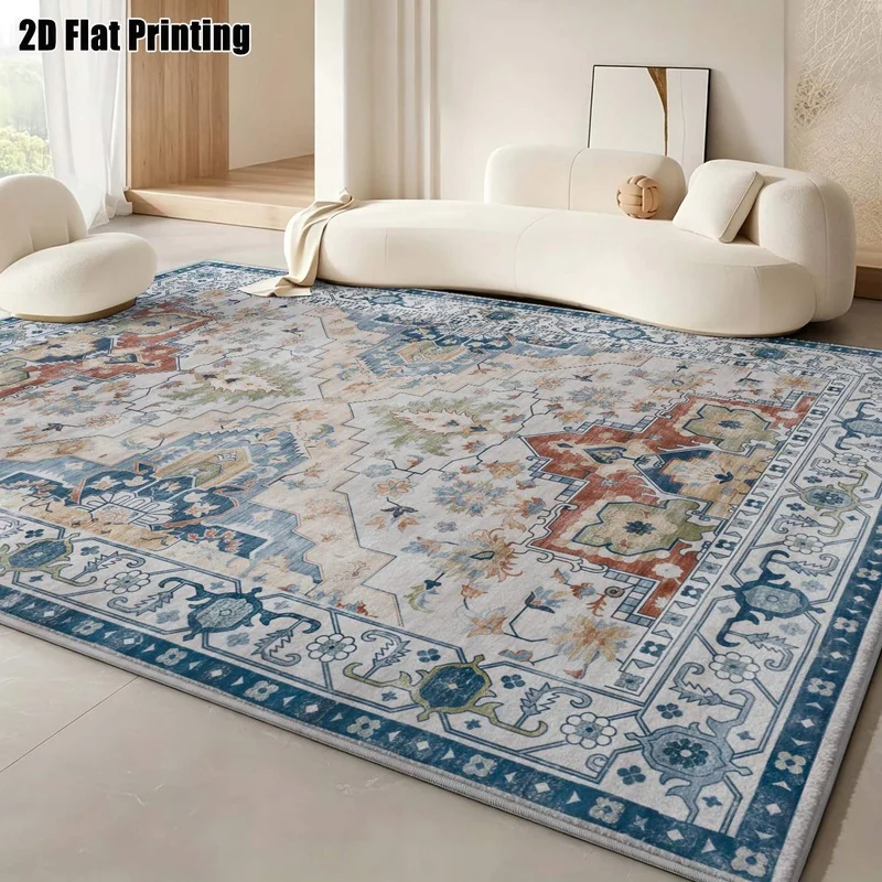 Large Indoor Area Rug, Soft Velvet Low Pile Machine Washable, Vintage Persian Medallion Pattern, Blue Terracotta Cream, for Living Room Bedroom Dining Room