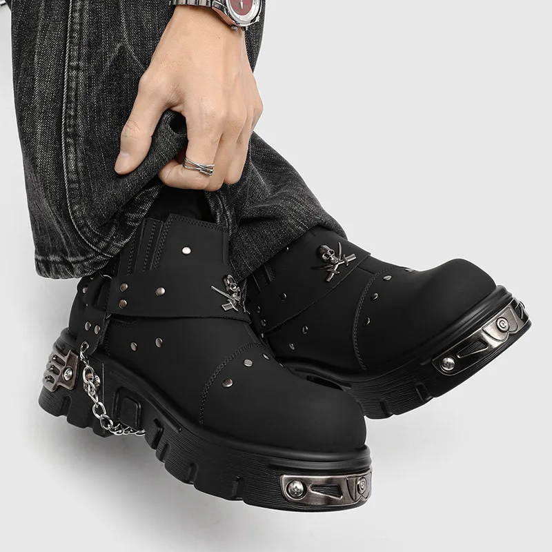 Gothic Punk Ankle Boots Men's Casual Shoes Black Platform Vintage Rock Man Motorcycle Boots Punk Style Skull Metal Chelsea Boots view 5
