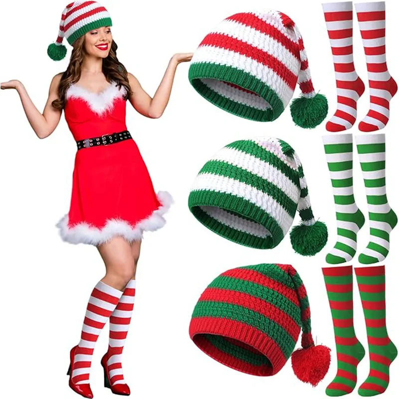 

2Pcs Christmas Hats With Socks Adults Christmas Costume Accessories Set Santa Cosplay Costumes New Year Gift For Women Man