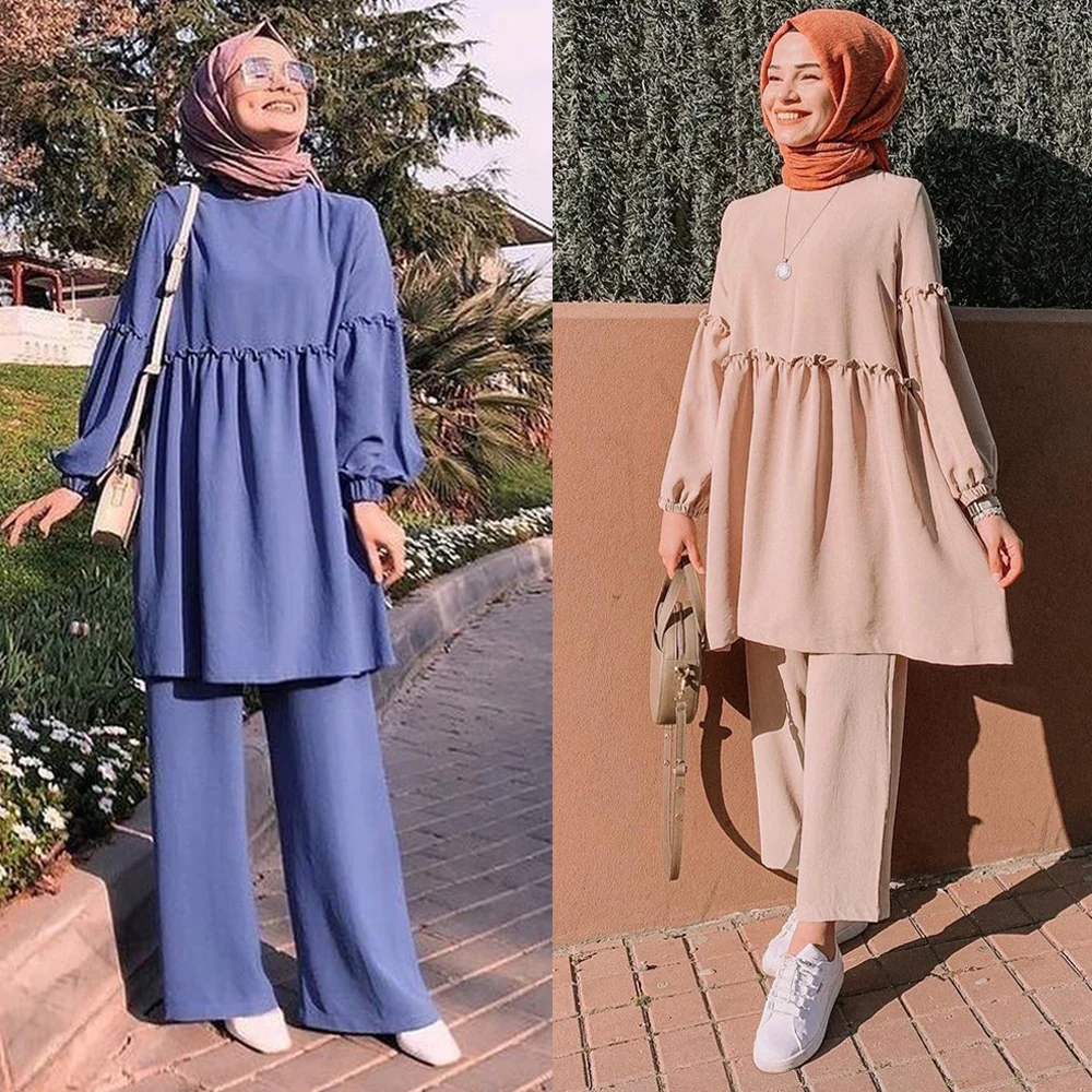 Plain Muslim Women Abaya 2 Piece Casual Long Sleeve Tops+Pants Set Turkey Kaftan Eid Mubarak Islamic Arab Dubai Ramadan Clothing