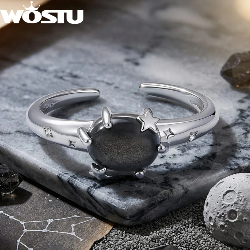 WOSTU Natural Obsidian White Gold Plated Open Ring，Star Inlay Adjustable Women's Fashion Luxury Hypoallergenic Jewelry Gift