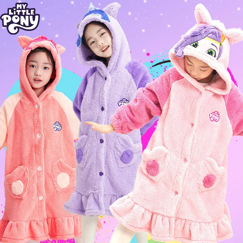 Kawaii My Little Pony Cartoon Plush Nightgown Pipp Petals Children Cute Winter Thickened Warm Pajamas Mid-Length Home Nightgown