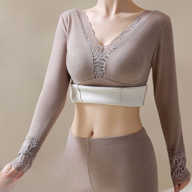 

2024 Women Winter New Thermal Underwear Tops Female Lace V Neck Thermo Lingerie Ladies Warm Inner Wear Undershirt Intimate H500