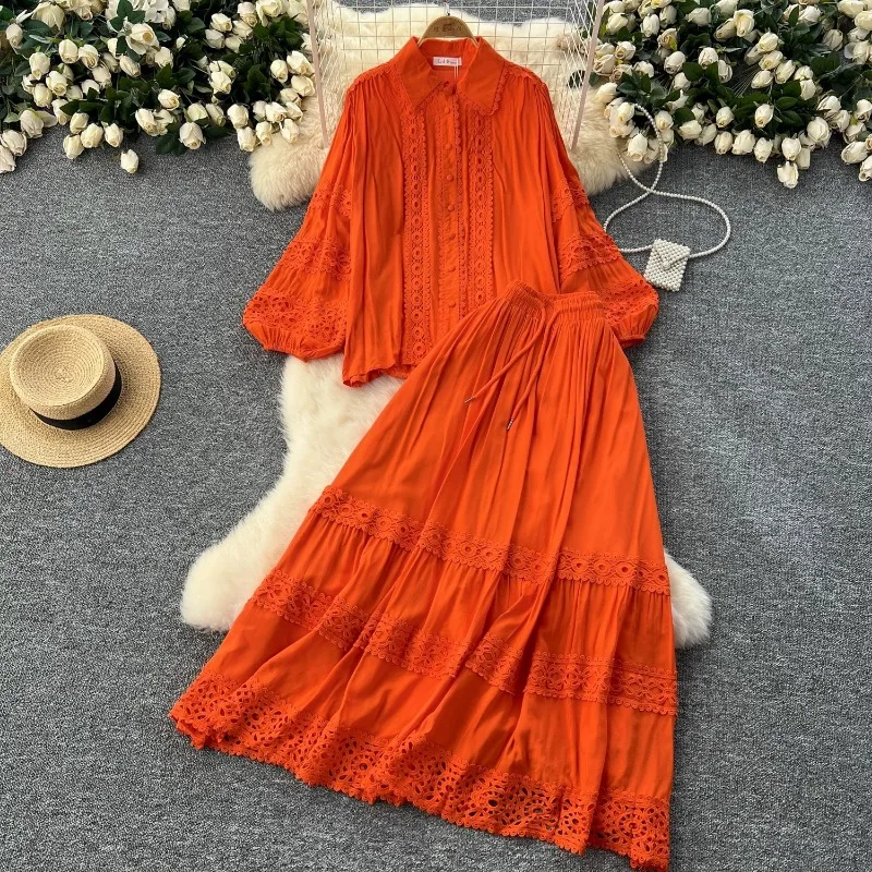 2025 Vestido largo elegante de encaje ahuecado para mujer, vestido liso con cuello en V, encaje de retales con recortes, camisa de manga larga, falda de medio cuerpo