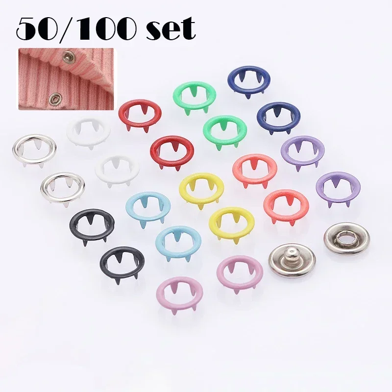 100/50Set 9.5mm Metal Prong Snap Button Prong Press Button Ring Studs Fasteners for DIY Clothes Bags Sewing Craft Accessories