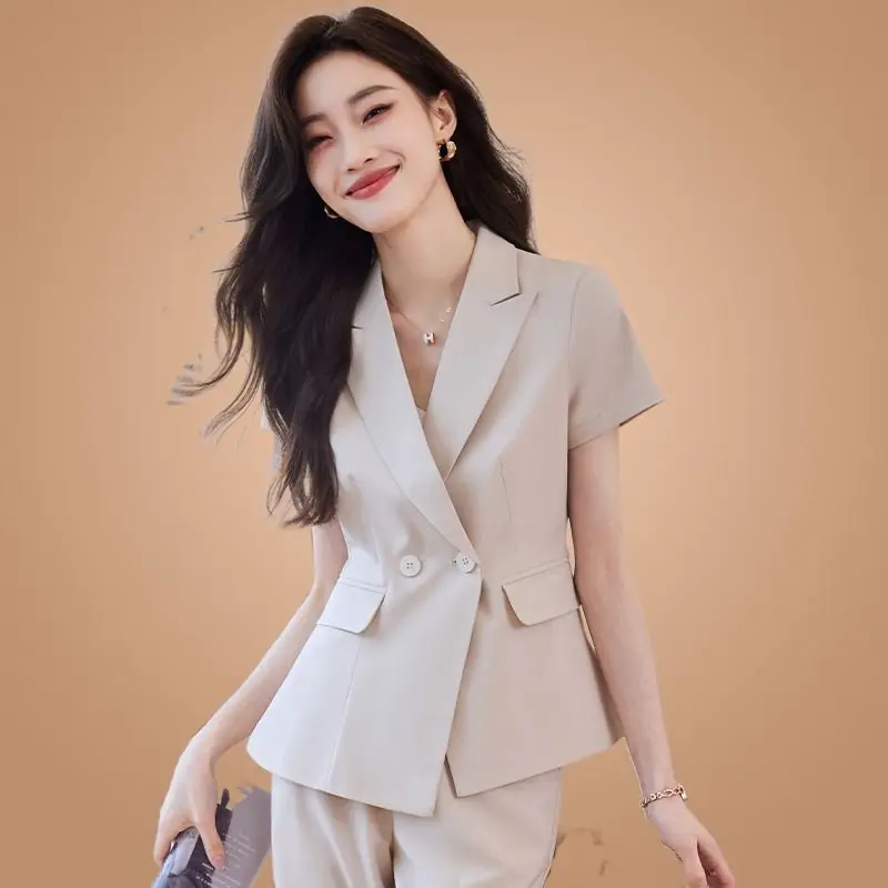 Women's Summer New Fashion Short-sleeved Suit Jacket Pants Matching Set Korean Elegant Thin Casual Blzers+Trousers Two-piece