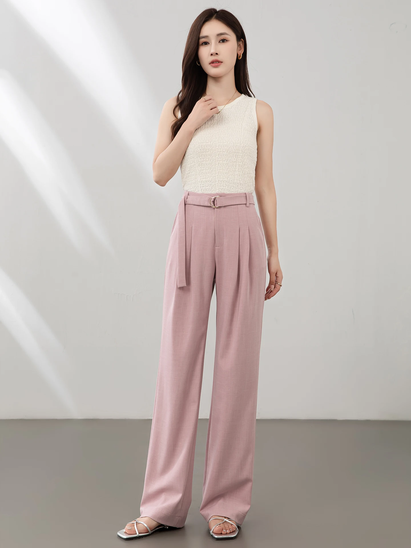 

Narrow Waist Belt Wide Leg Pants Women's Long Trousers Summer New High-End Pink Lyocell Cotton Straight Leg Pants
