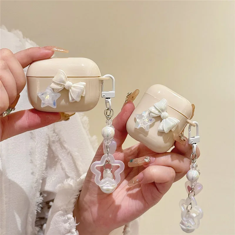 Милый Декор с бантом для Apple AirPods Pro 2, телефонные чехлы для наушников Airpods 1/2/3 Pro, зарядная коробка, бежевый корпус для телефона