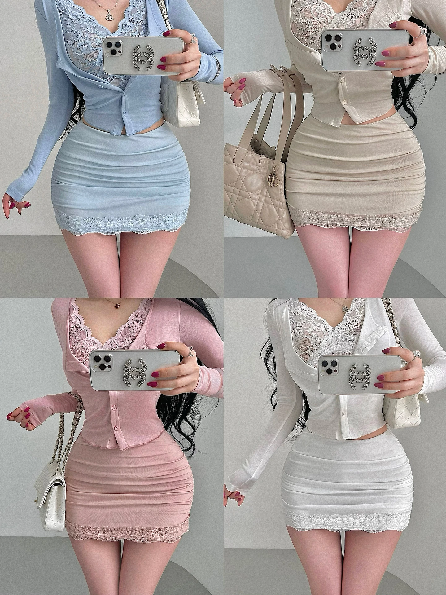 Pure Desire Sexy High Waist Slimming Anti-Light Lace  Pleated Bodycon  Skirt Short Skirt Women's Daily Wear