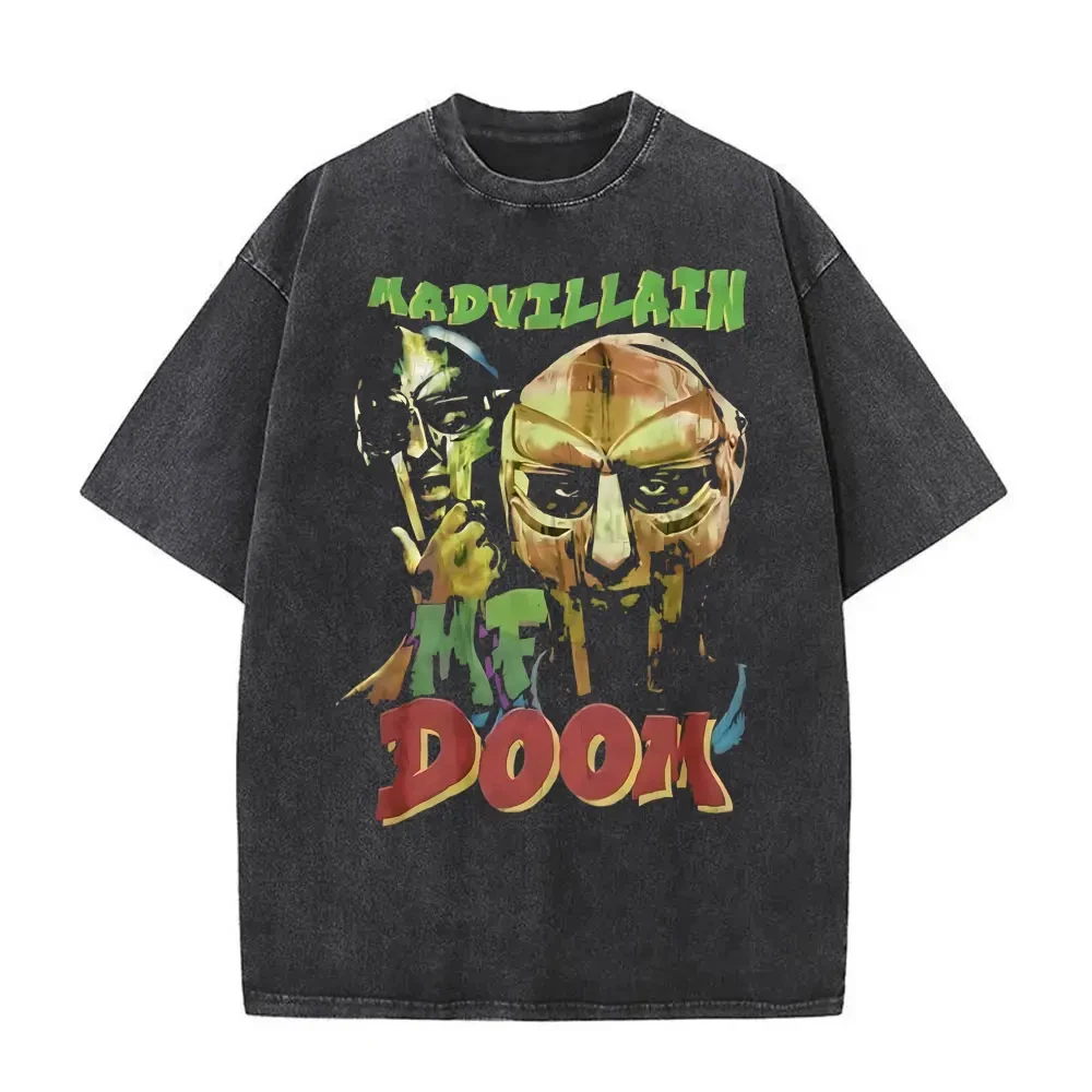 Washed Vintage Rapper Mf Doom The Illest Villain Print T-shirt Madvillain Metal Mask Face T Shirts Men Hip Hop Oversized Tshirt