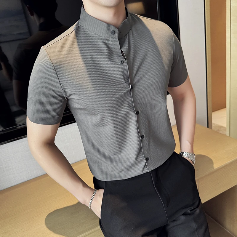 White Shirt For Men Summer New Chinese Stand Collar Designer Short Sleeve Male Shirt Cool Thin Waffle High Elastic Seamless Top