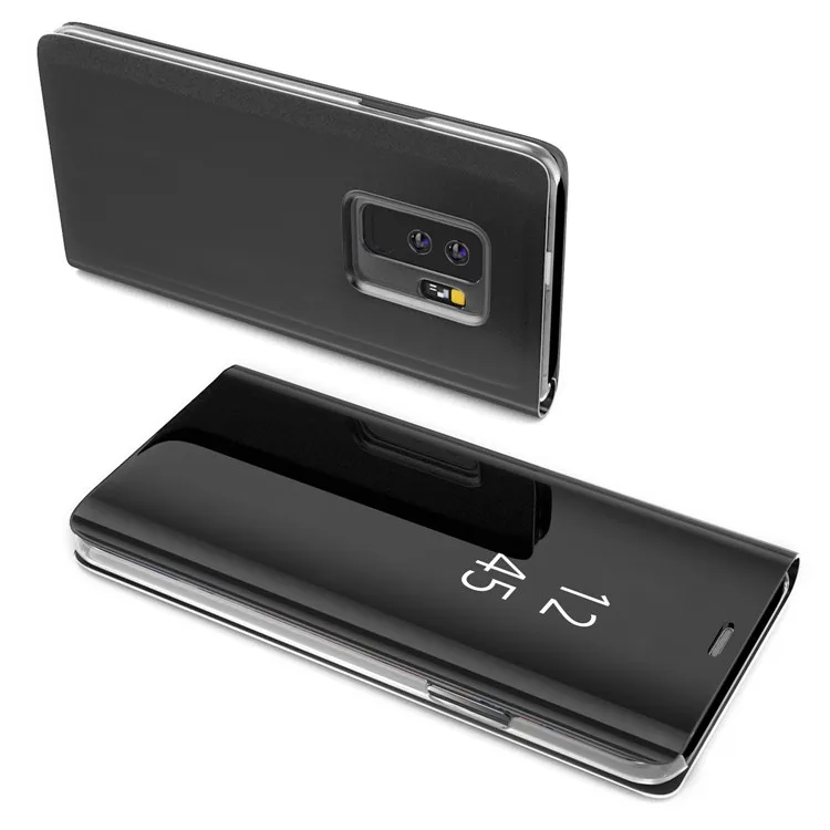 

For Samsung Galaxy S9+ Plated Mirror Surface Information View Stand Leather Smart Case - Black
