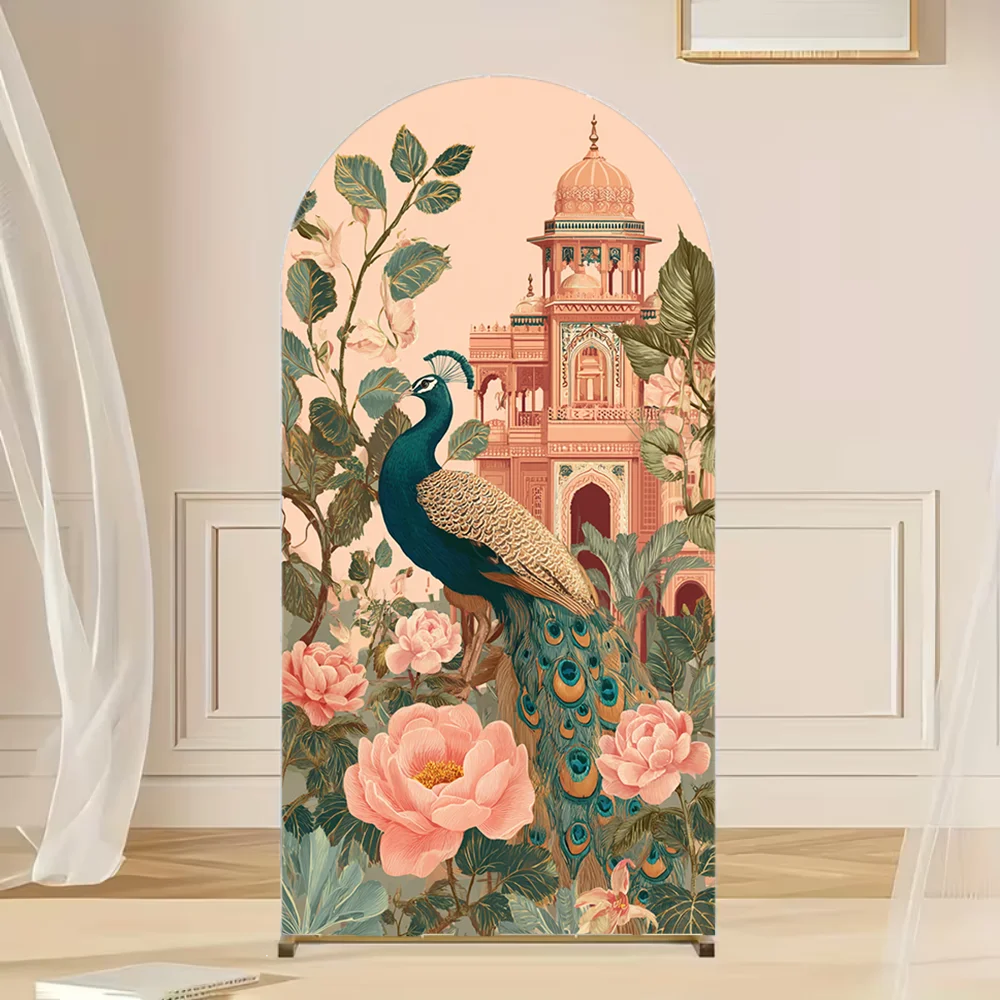

India Vintage 2-Sided Arch Background Cover Floral Peacock Birthday Wedding Party Baby Shower Arch Cover Decor