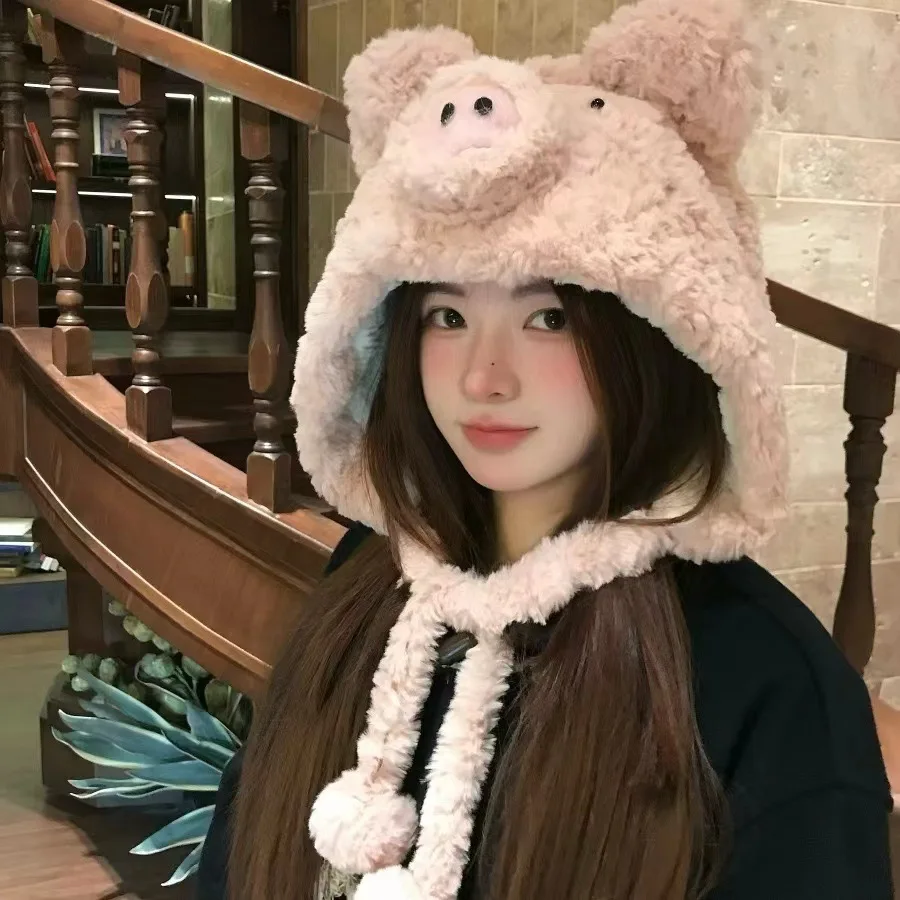 

Furry Cartoon Little Pig Shape Hat Autumn Winter Warm Plush Cap Thick Cold-Proof Ear Protection Hat Cap for Girl New Year Gift