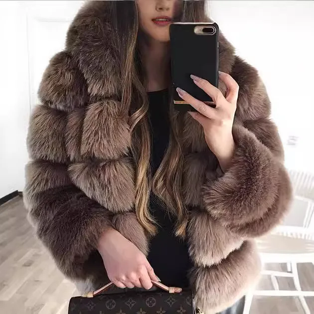 Short Coat Women Fox Faux Fur Coats Hooded Zipper Full Sleeve Thick Warm Elegant Splice Casual Autumn Winter Open Stitch