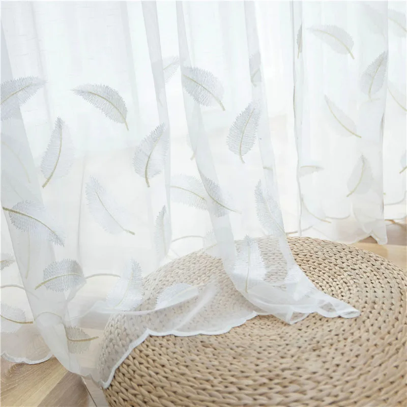 French Romantic White Feather Embroidered Sheer Curtain Elegant Transparent Window Screen For Living Room Bedroom Kitchen Decor