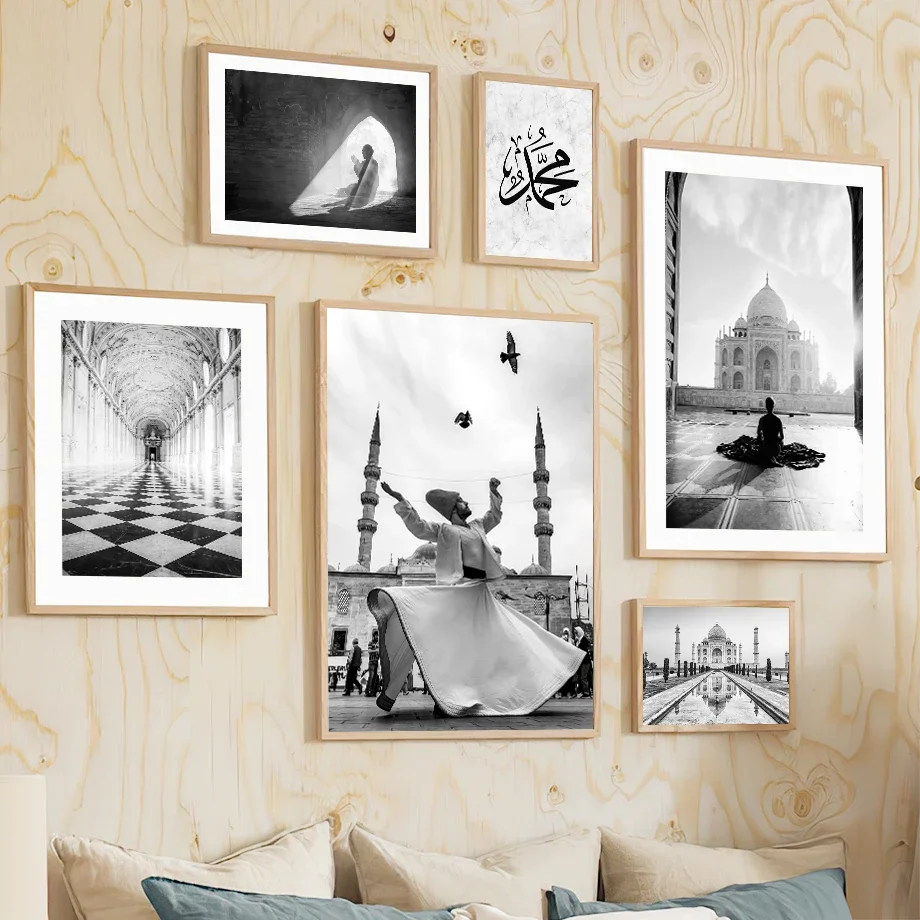 

Islamic Mosque & Muslim Dancer Black White Wall Art Canvas Painting Holy Living Room Decor Posters And Prints