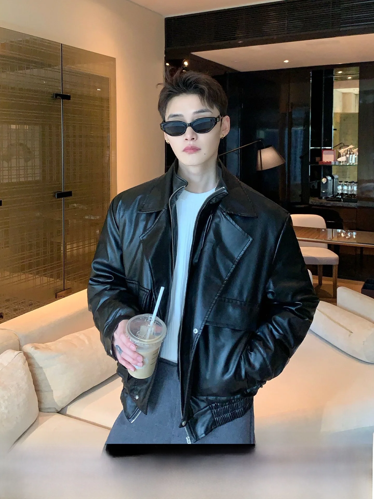 

American Retro Sle PU Leather Biker Jaet Stand Collar Commute Cotton Outerwear Youth Faion Long Sve Warm Coat