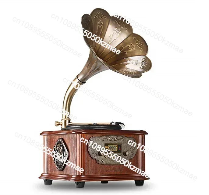 

SZHFJCTH Retro All-In-One Turntable Record Player Vintage Phonograph Gramophone Bluetooth USB Output Copper Horn Nostalgic Vinyl