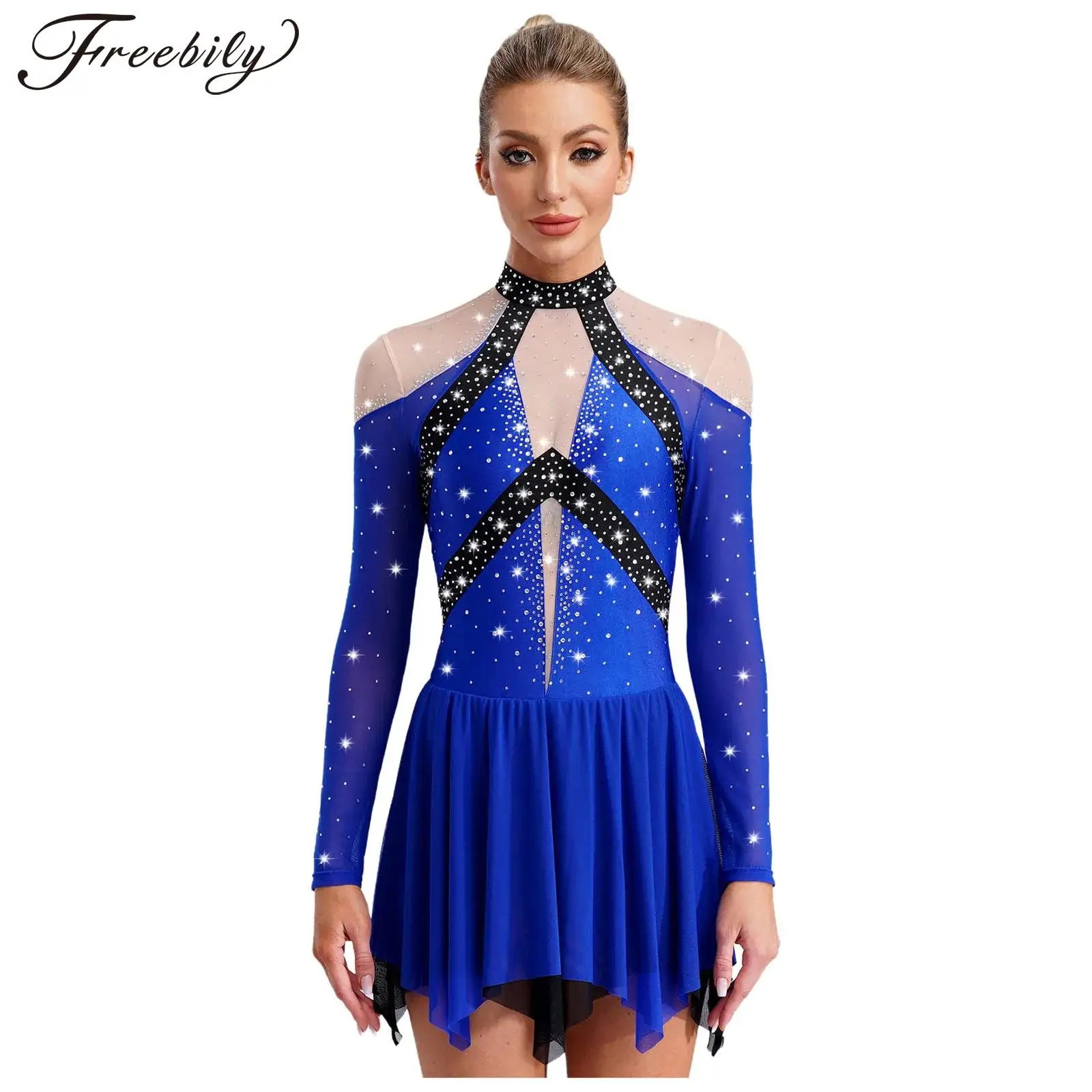 Women Figure Skating Dress Modern Lyrical Dance Gymnastics Acrobatics Performance Costume Sheer Mesh Rhinestones Leotard Tutu