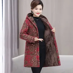 New Middle-aged Womens Printed Cotton Coat Autumn Winter Thick Warm Padded Jacket Female Loose Hooded Cold Parker Cotton Clothes