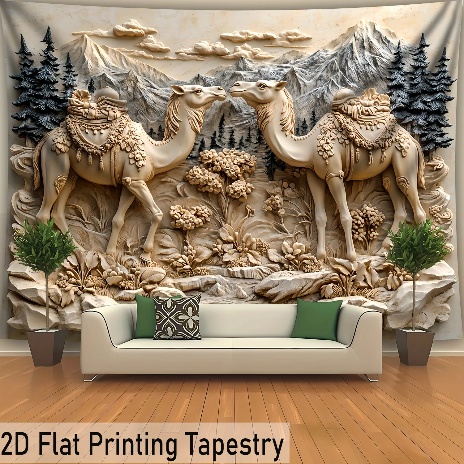 Camel Relief Wall Tapestry Mountain Landscape Desert Art 3D Carving Effect Home Decor Living Room 2D Flat Print