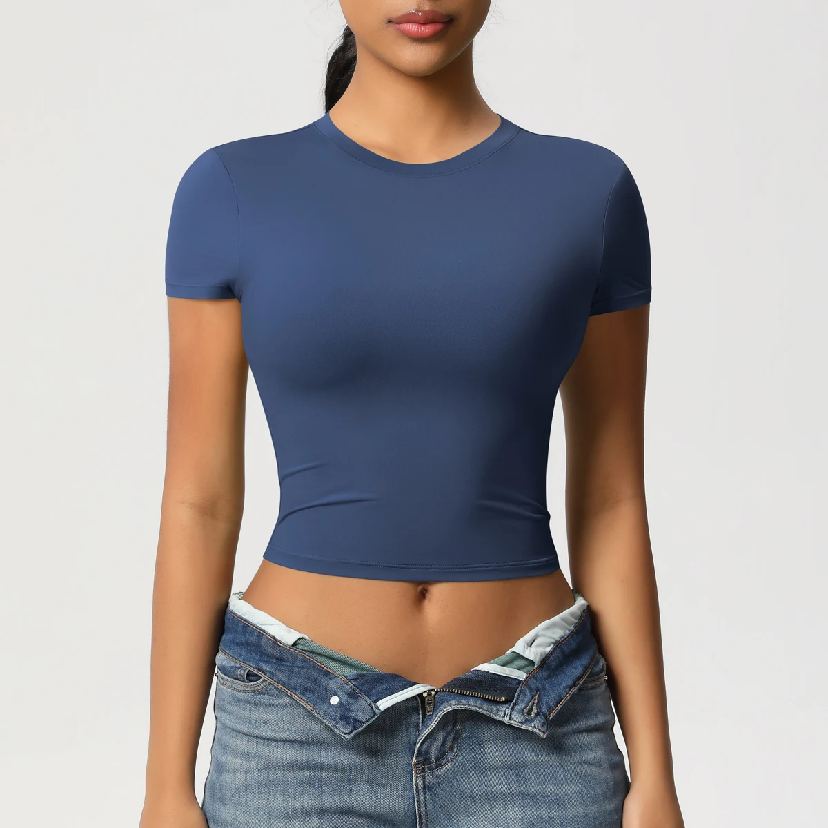 Frauen Sport Shirt Kurzarm Gym Top Workout Kleidung Hohe Elastische Active Wear Femme Lauf Zubehör Fitness T-shirt – Detail 8