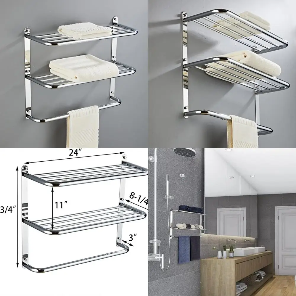 

24 Широкая двухъярусная плавающая настенная полка с вешалкой для полотенец, полированный хромированный органайзер для ванной комнаты