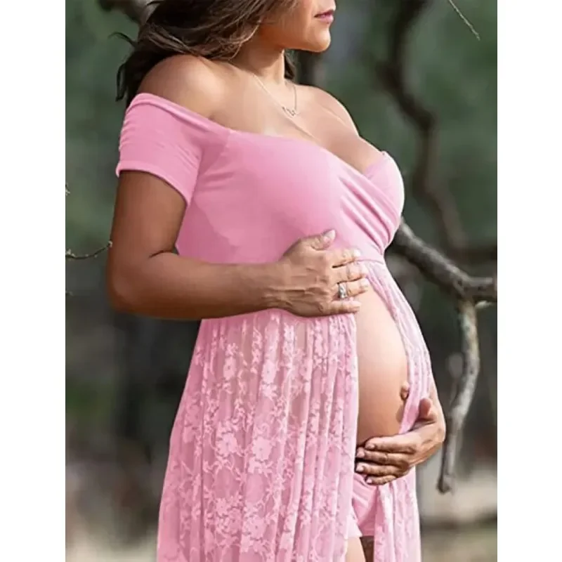 Maternity Dresses Women's Lace Pregnant Woman Tail Short Sleeve Dress Off Shoulder Photo Shoot Green Dress Women Maternity