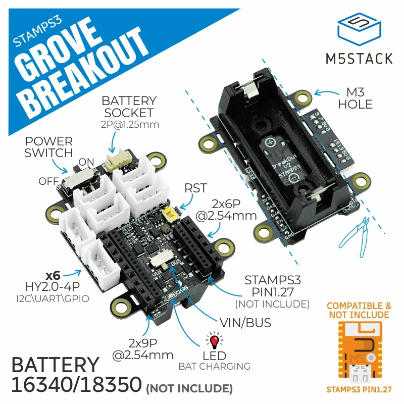 M5Stack Official M5StampS3 Grove Breakout w/ 1.27 Header Pin