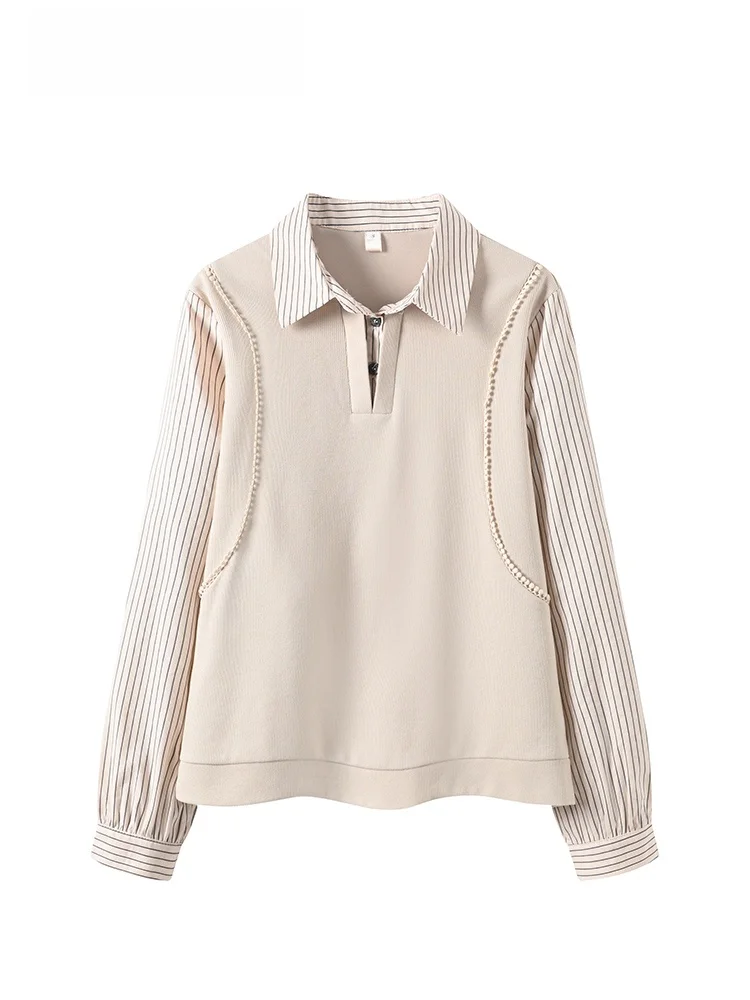 

Casual Long Sve irt Women's Early Spring New Sle plus Size Matching Top Polyester Fiber Mid-Length Collarl Blouse