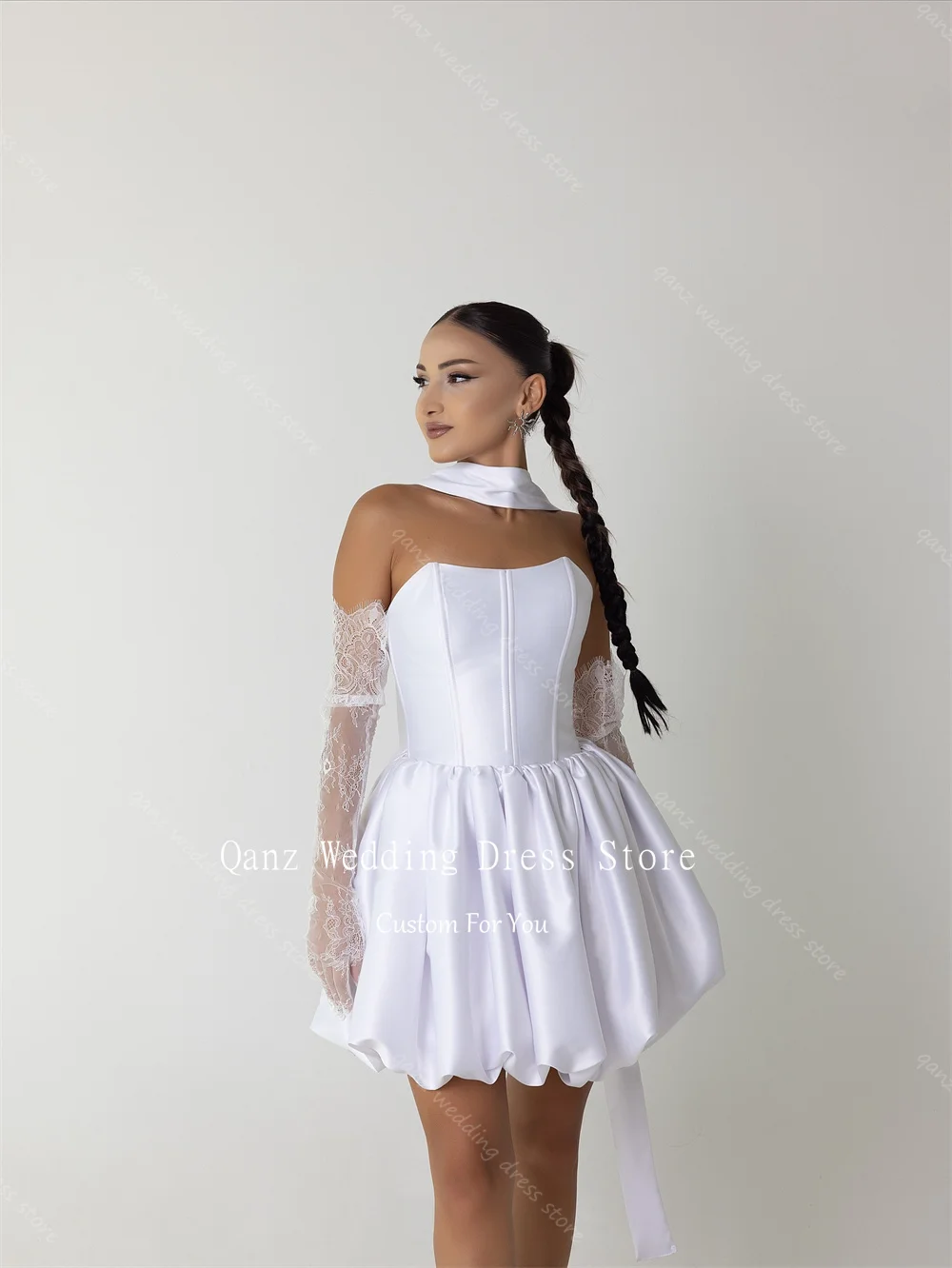 Qanz Civil Weiß Mini Hochzeit Party Kleider Satin Backless Sexy Brautkleider Puffy Kurze Frauen Robe De Mariée Angepasst