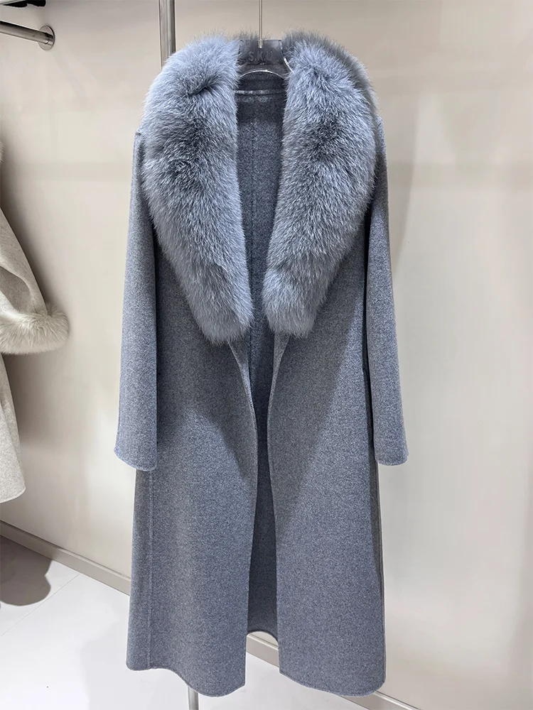 2025 Real Fox Fur Collar Winter Jacket Women Natural Wool Blends Long Coat Double Breasted Belt Warm Streetwear New Fashion