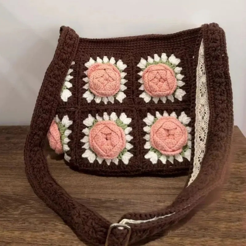 

Hand woven three-dimensional flower shoulder bag, camellia crossbody bag, women's storage bag with lining, shopping bag