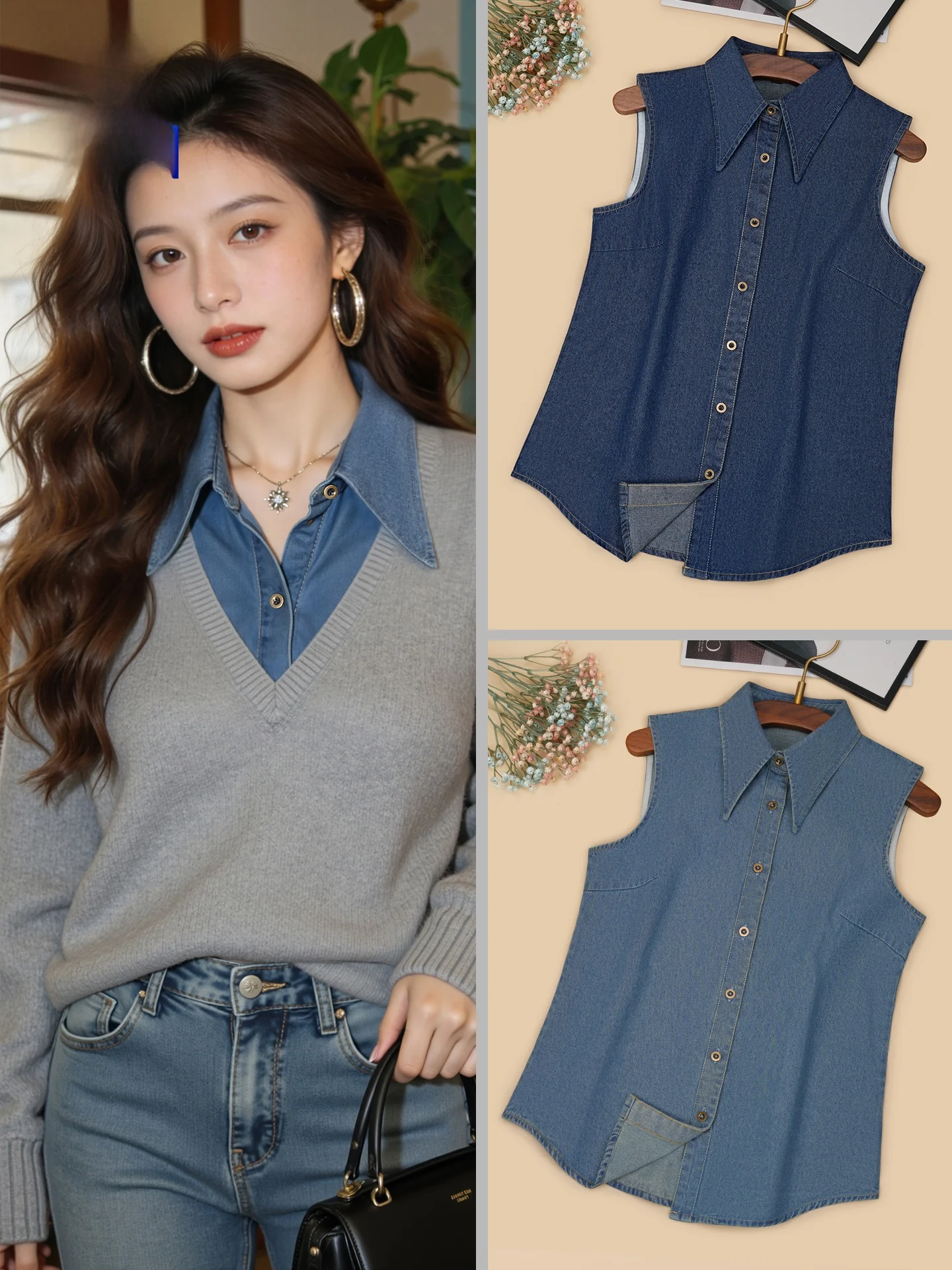 washed-denim-vest-women's-layered-sleeveless-casual-vintage-design-thinming-indoor-wear-romon-brand-pure-color