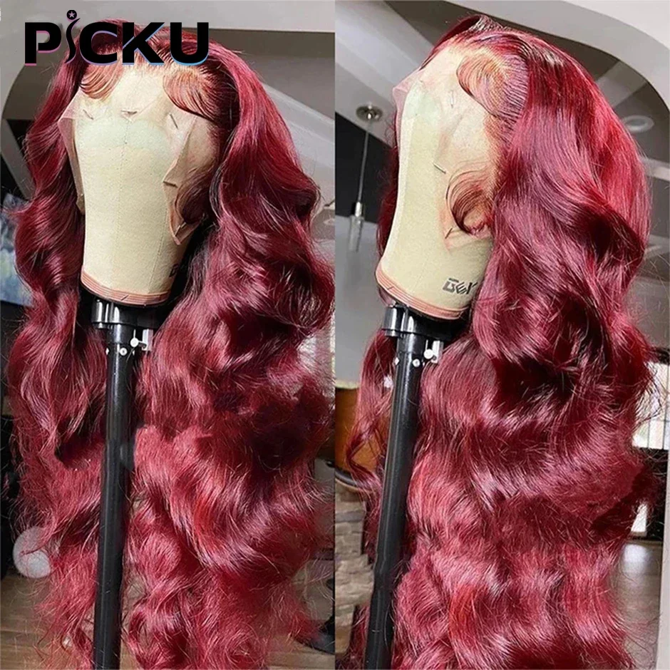 99J Red Lace Front Human Hair Wigs Burgundy Colored Loose Body Wave Wig Glueless 13x4 HD Transparent Lace Frontal Wig 30 34 Inch