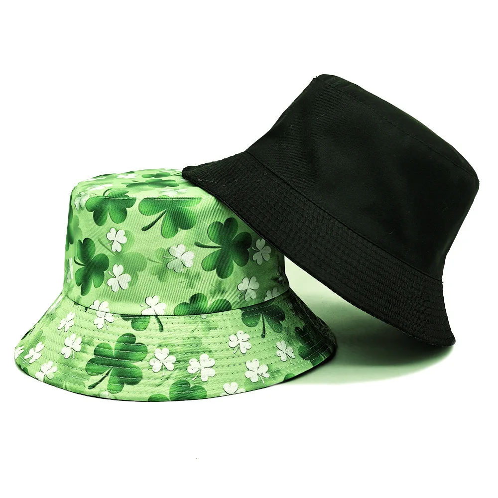 2025 عيد القديس باتريك قبعة بحافة للنساء الرجال الاستوائية طباعة مراجعة الصيف مزدوجة الجانب قبعة الشمس الورقة الخضراء بنما قبعة الشاطئ #4
