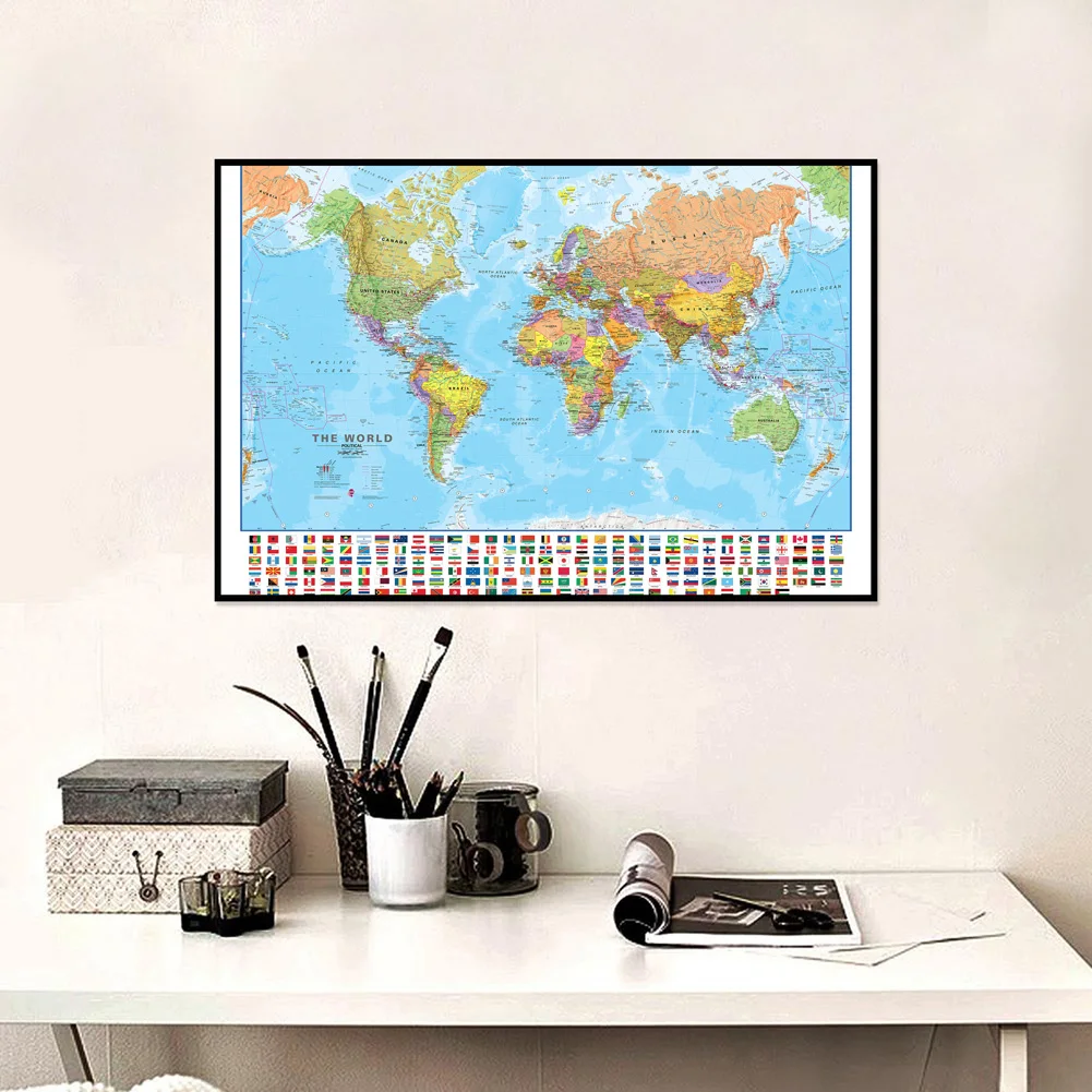 Mapa mundi em inglês, 75*50cm, pintura em tela, arte de parede, pôster, material escolar educacional, sala de estar, decoração de casa