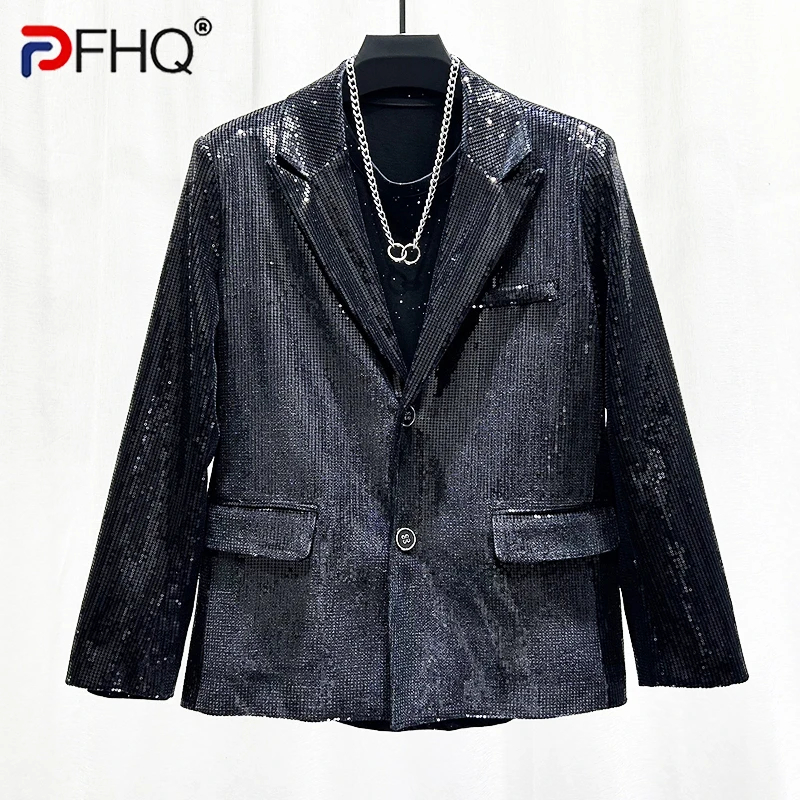 

PFHQ Autumn Winter New Design Sequin Men's Black Suit Korean Fashion Trend Loose Casual Jacket Solid Color Male Tops 21Z6107