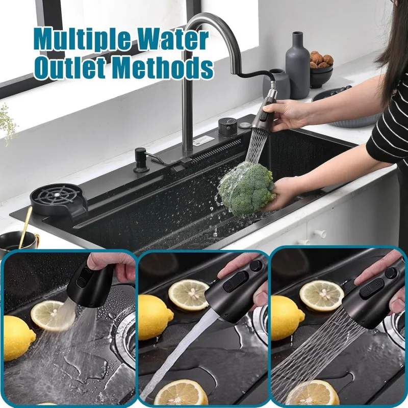 

(UUT) Кухонная раковина из нержавеющей стали с водопадом, большая емкость, толстая раковина с дренажной решеткой диаметра (81x50 см) EG