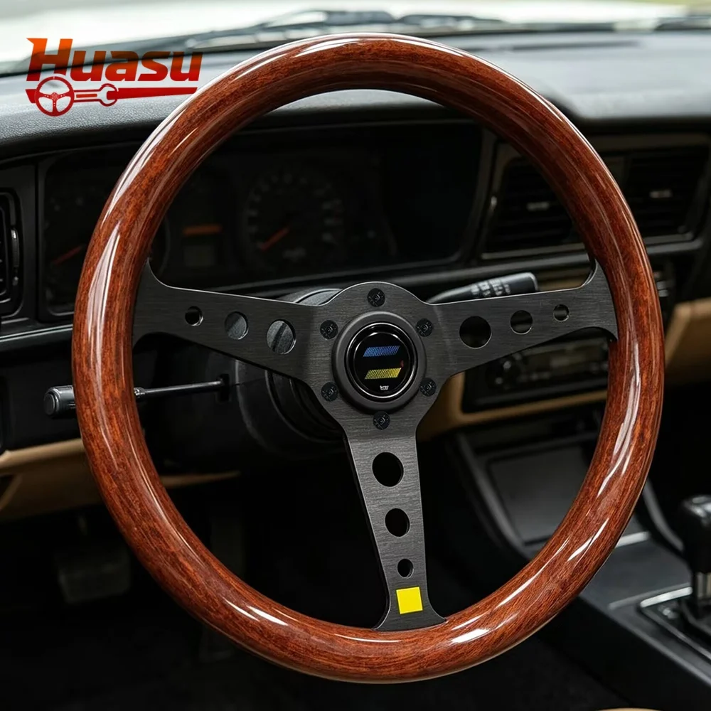 INDY Classic Wood Grain Look Racing Steering Wheel 14inch 350mm Concave With Aluminum Spoke Silver Black M24260704