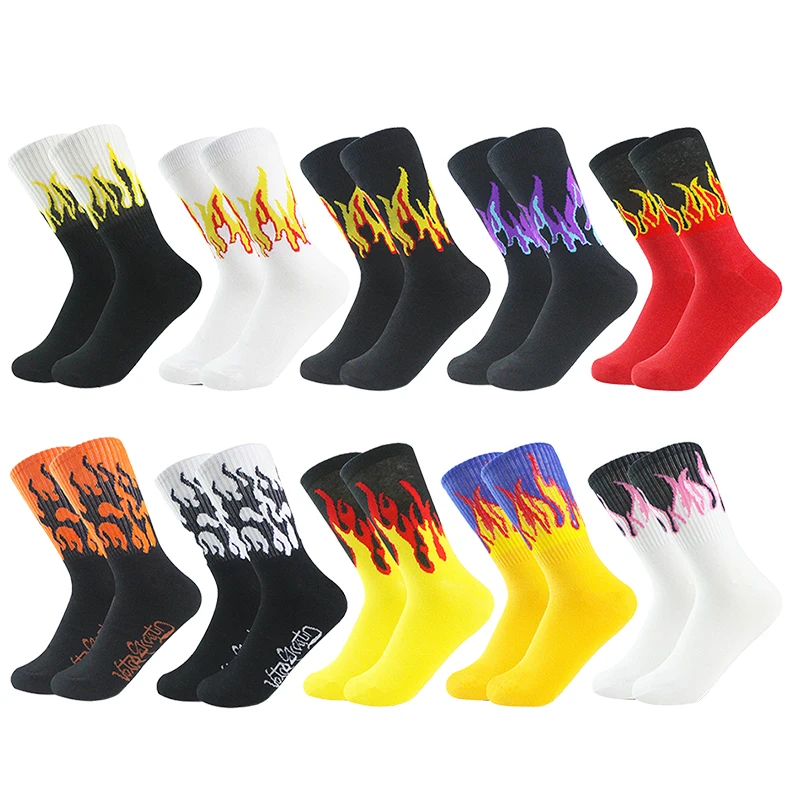 HYSAIXIA брендовые мужские хлопковые носки с пламенным узором, модные уличные спортивные носки-трубочки, повседневные носки с огненным дизайном