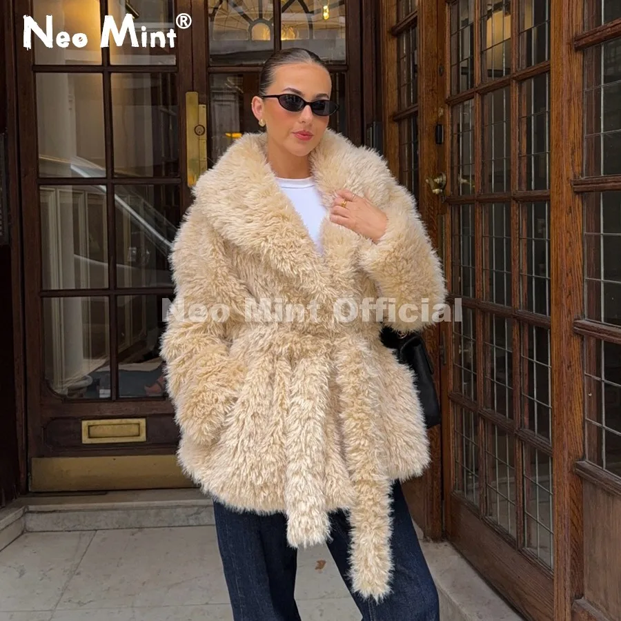 Neo Mint Winter 2026 Long Belted Wrap Fur Jacket Women Street Fashion Girls Shawl Collar Faux Lamb Fur Robe Coat Fuzzy Outerwear