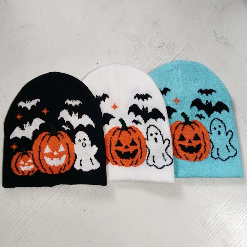 Jacquard Knit Cap Thermal Halloween Beanie Flexible Elastic Ghost Skullies Breathable Cozy Pumpkin Bonnets Youth