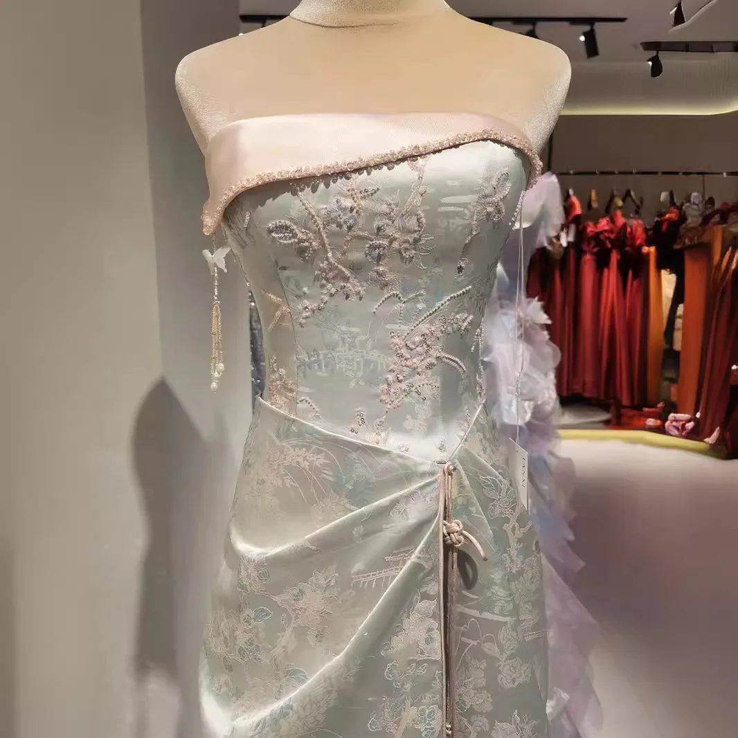 

Длинное китайское свадебное платье Ele, роскошный коврик для взрослых, церемония с открытыми плечами, винное платье для помолвки