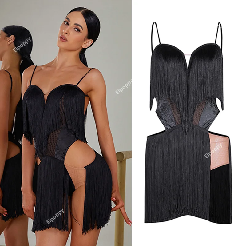 

Latin Dance Dress Women Sexy Competition Clothing Black Fringe Dress Adult Cha Cha Rumba Samba Performance Wear