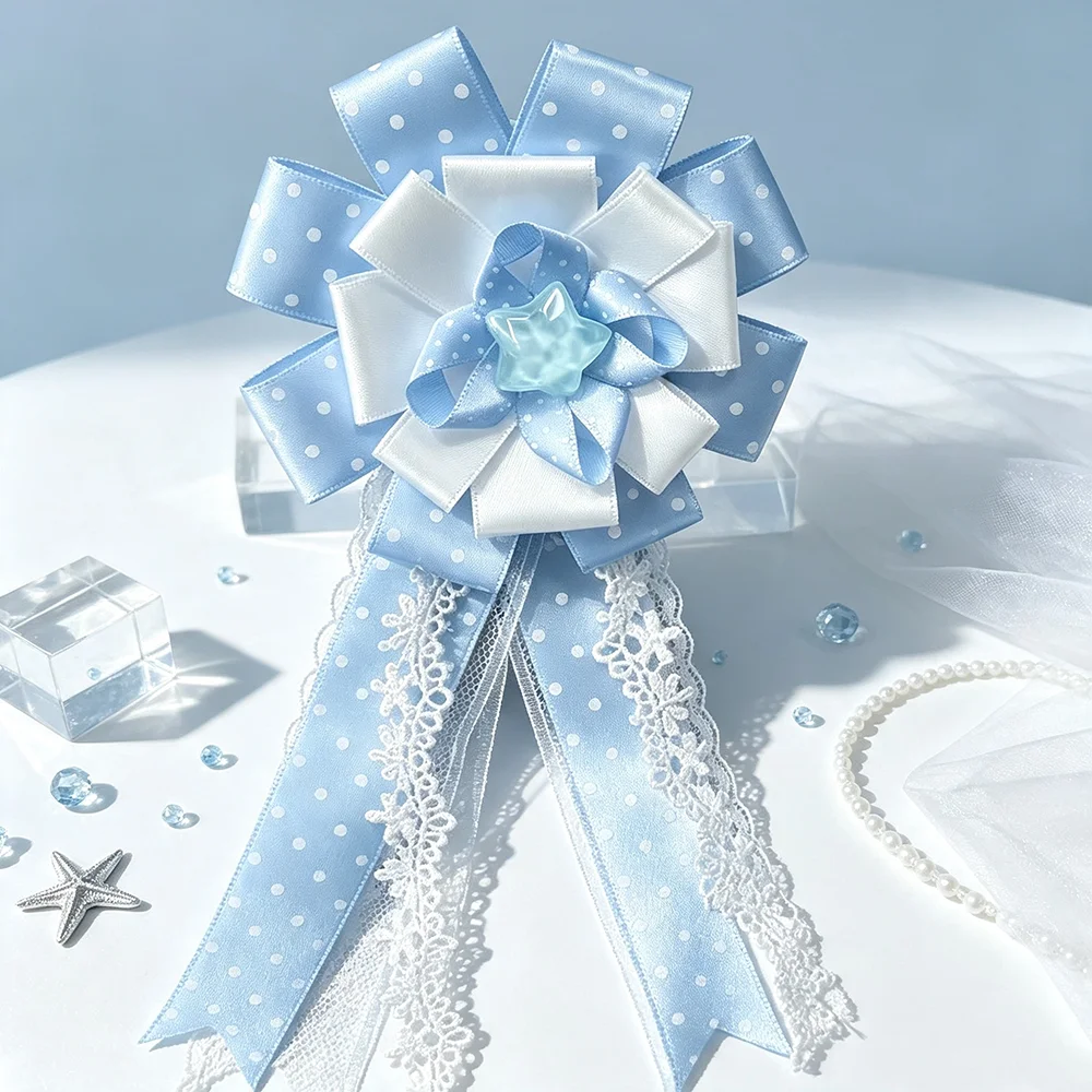 Kawaii Blue White Ribbon Bow Pin, Handmade Star Itabag Charm, Sweet Lolita Bag Accessory DIY Decorative Material Kit