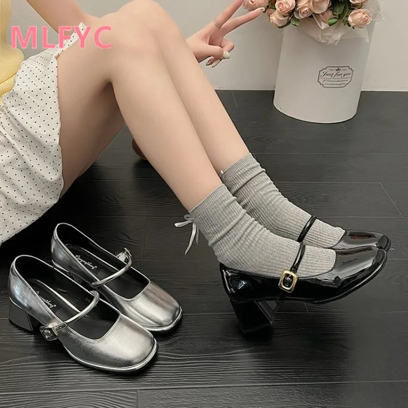 Silver Thick Heel Shoes 2024 Spring New Mid Heel Waterproof Platform Shoe Women Comfortable Simple Shoe chaussure femme